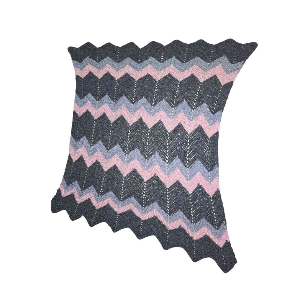 Handmade Crochet Baby Blanket Chevron Ripple Pink Grey Purple Nursery Throw